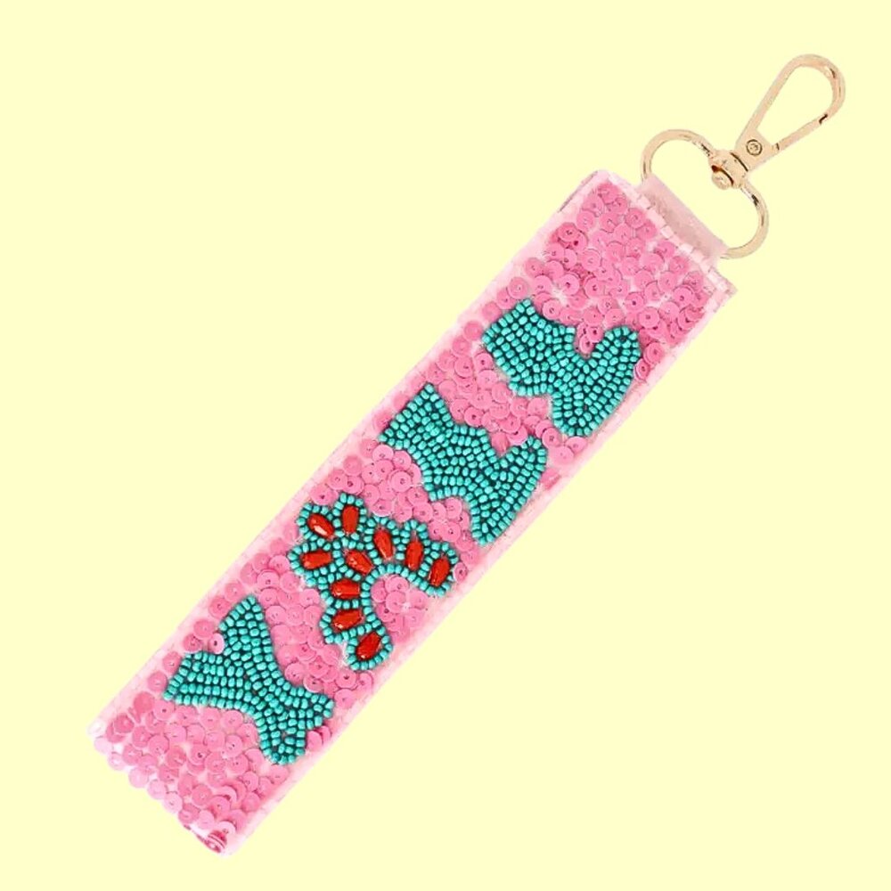 Y'ALL Southern Vibe Boho Pink Seed Beaded Keychain Lanyard Bag Charm NEW